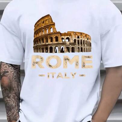 T-shirt grafica Roma Italia, t-shirt girocollo da uomo, 220 g/m², estiva, in puro cotone, manica corta (1 pezzo)