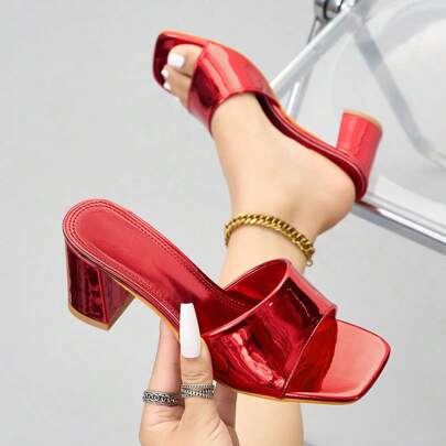Sandali da donna con punta quadrata e apertura, slip-on con tacco alto, traspiranti, casual e versatili, rossi