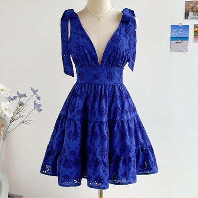 WYWH Donna Vestito svasato casuale per le vacanze con ricami, tessuto a rete trasparente e spalline legate