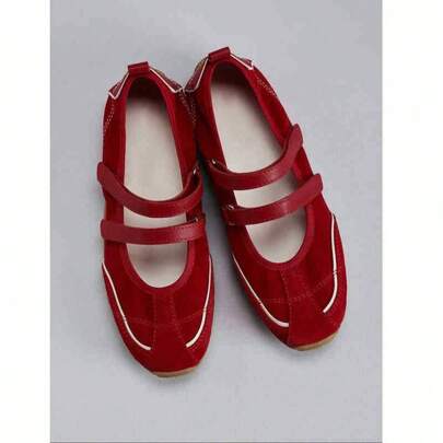 Scarpe Mary Jane rosse dal look retrò per donne con rialzo interno e chiusura, ballerine casual in vera pelle, suola morbida, scarpe singole per donne