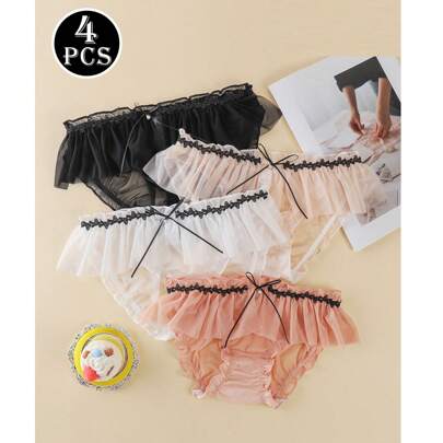 4 pezzi di eleganti perizoma da donna in rete con perle e fiocco, a vita bassa