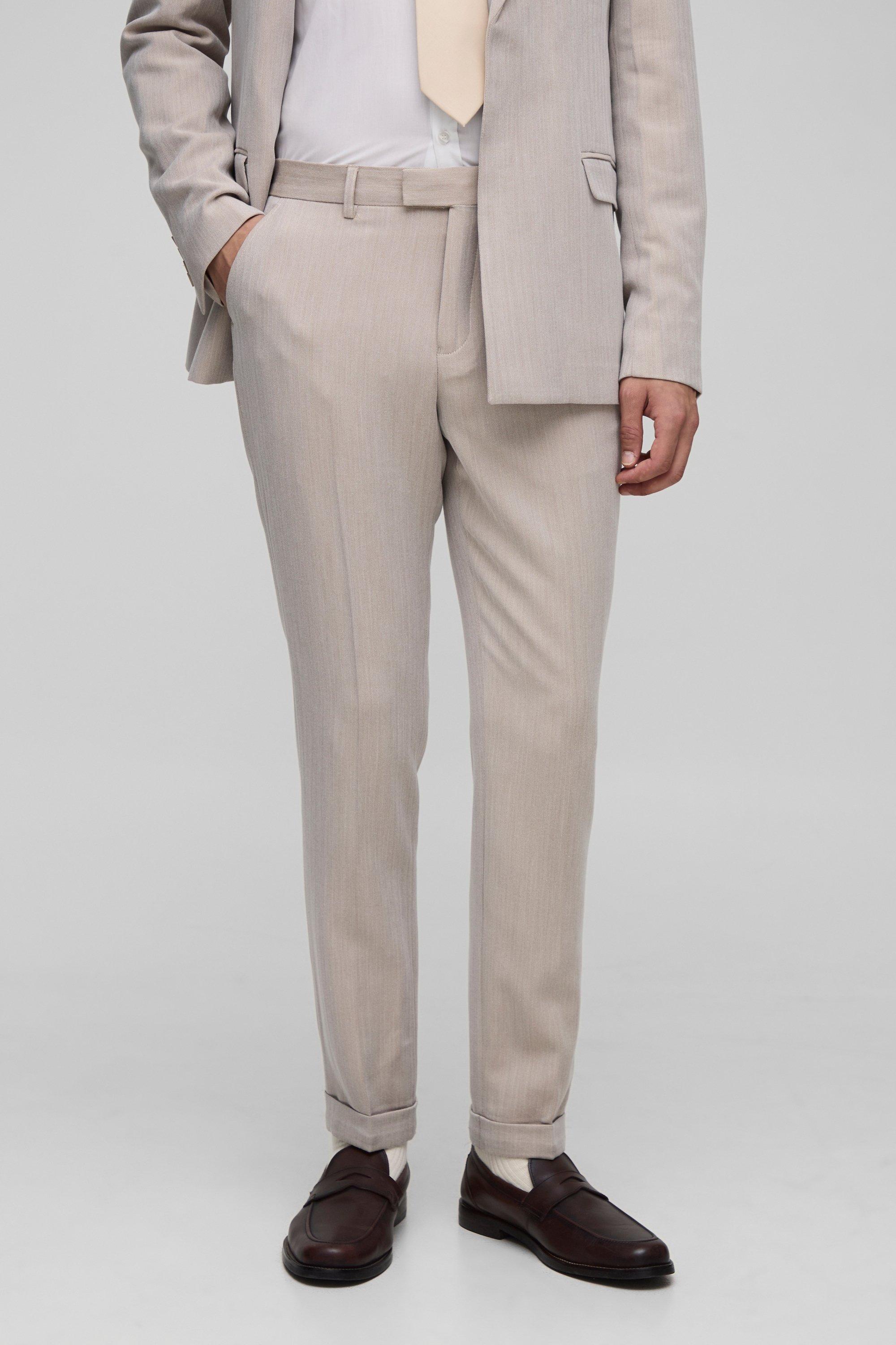 Skinny Fit Herringbone Suit Trouser, Beige