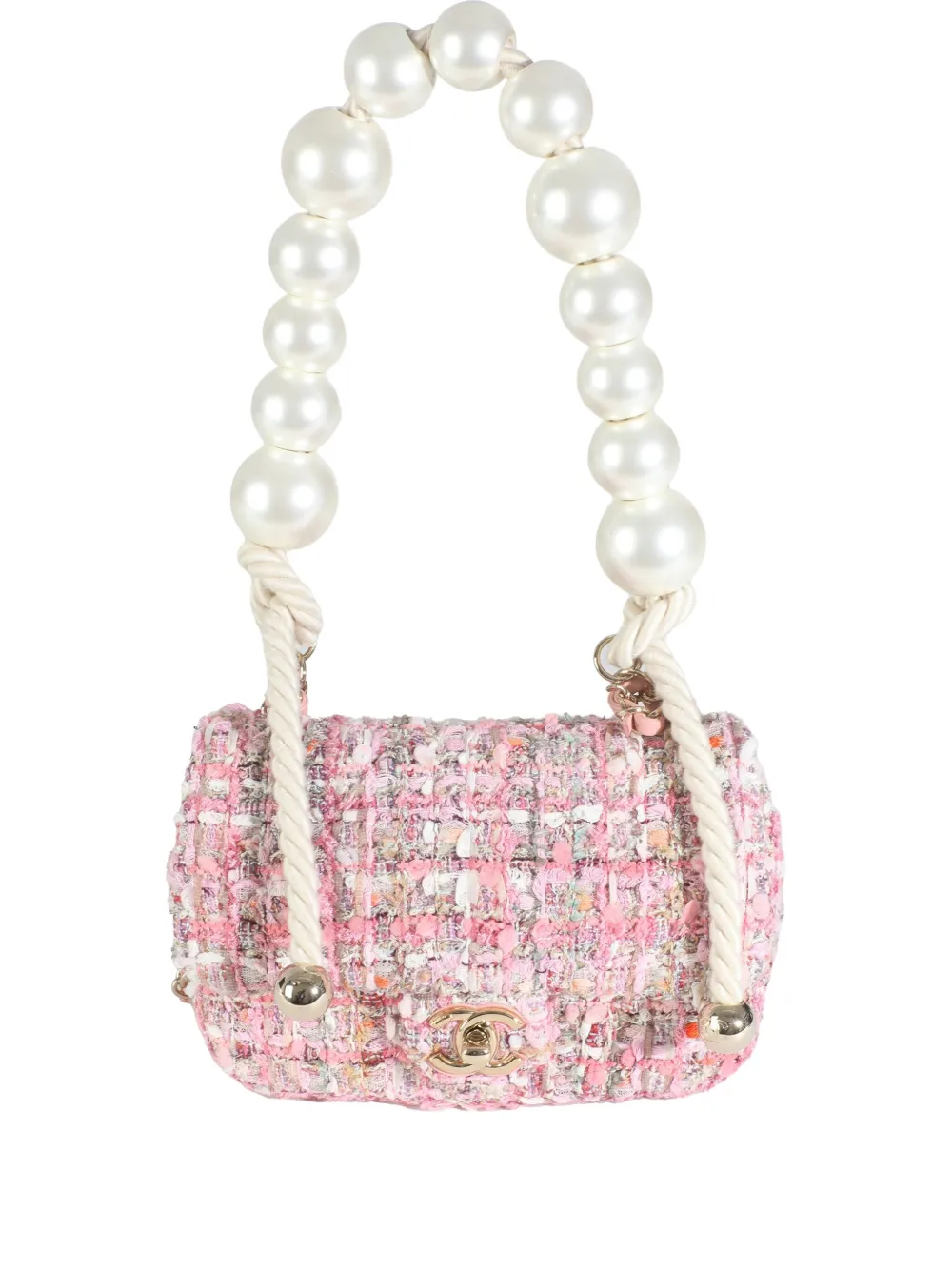 CHANEL Pre-Owned mini tweed pearl Flap shoulder bag - Rosa