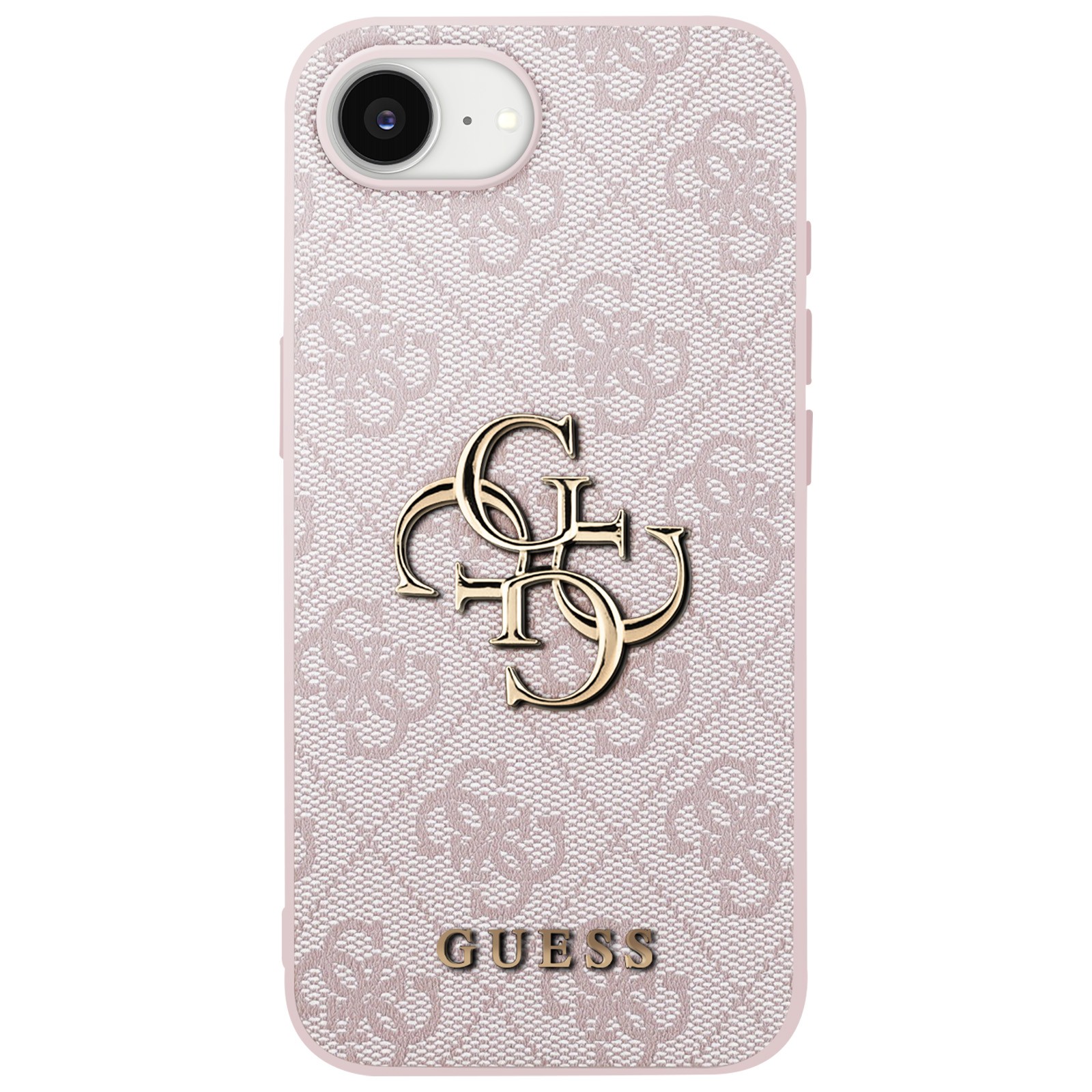 Guess, Custodia iPhone 16e Motivo 4G Monogramma Logo grande metallo, Rosa Cipria
