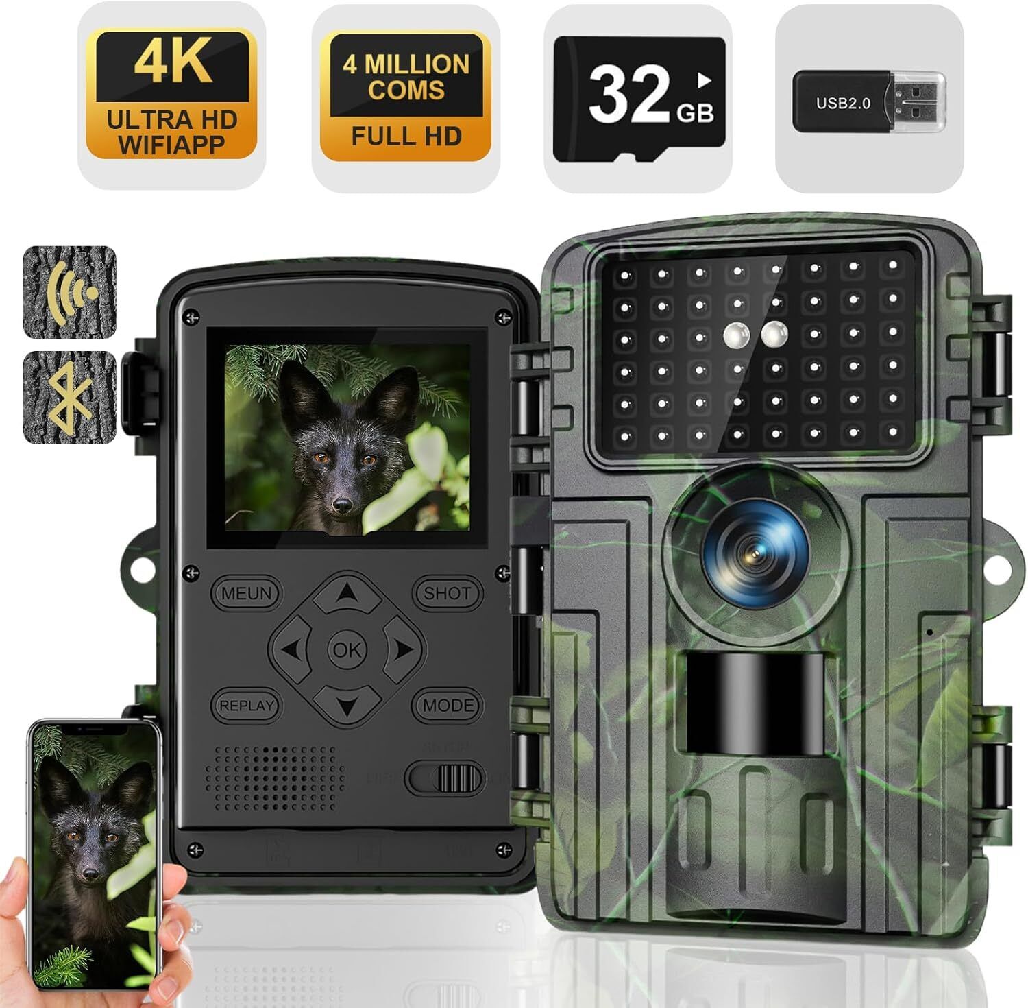 Fototrappola WiFi 4K 60MP con App,Fototrappola Notturna con IR Visione 120 Ultra