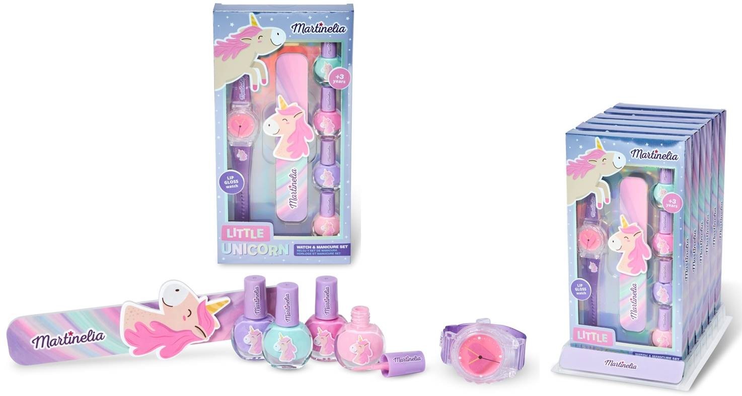 Set regalo con 4 smalti + 1 orologio lip gloss + 1 limetta Unicorno