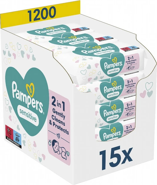 Pampers Sensitive Baby Wipes 15 Packs of 80 = 1200 Baby Wipes, Odour Free for So