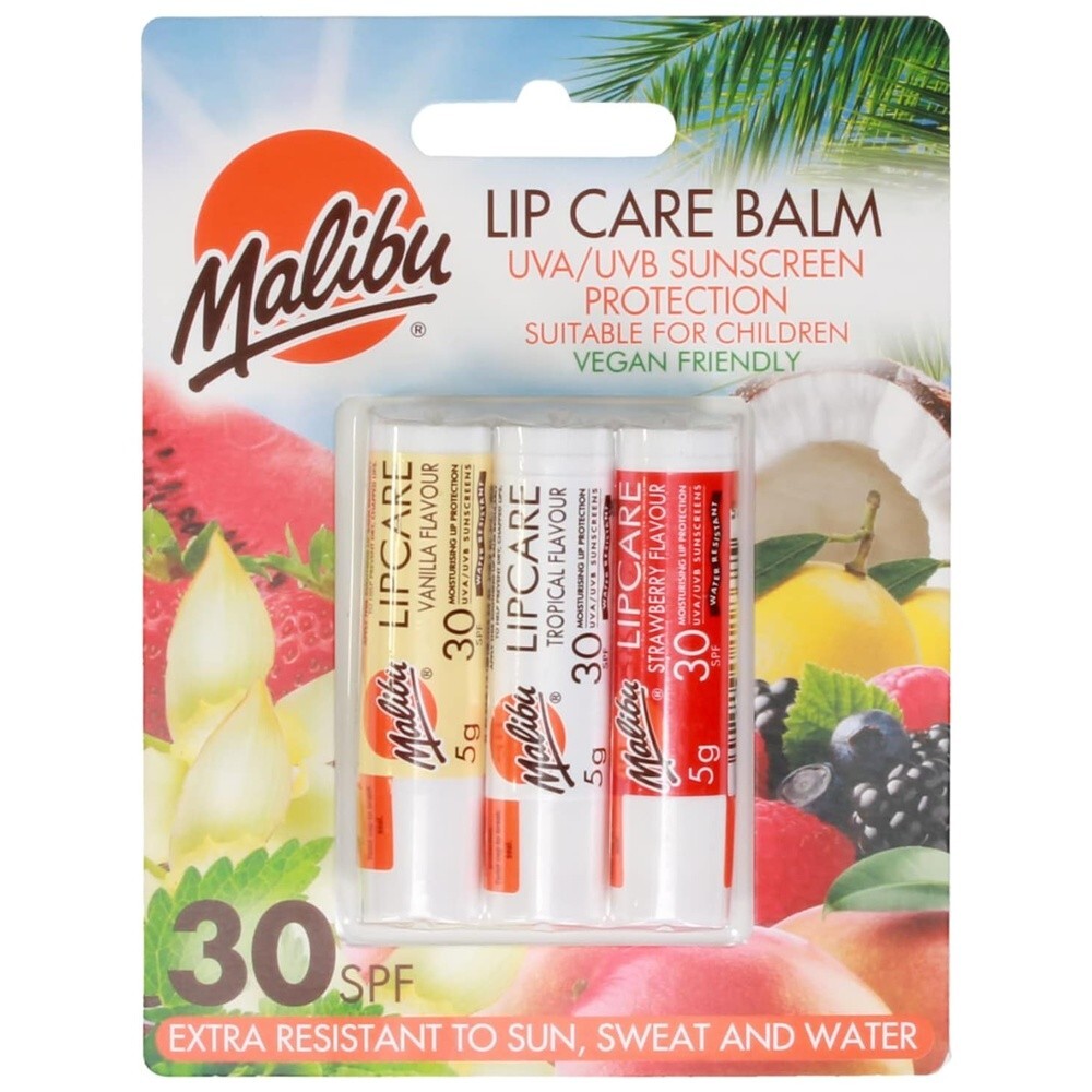 Malibu Sun SPF 30 Lip Balm Crema Solare, Vaniglia, Tropicale, Fragola 3 x 5g