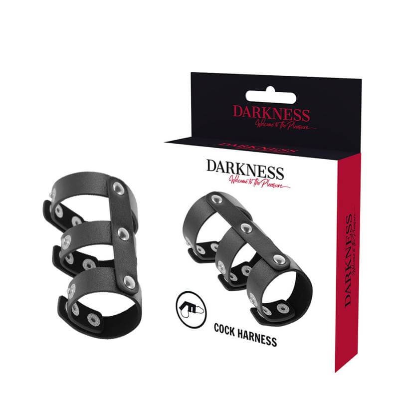 Darkness Cock Harness - Triplo Anello Fallico in Pelle con Bottoni in Acciaio