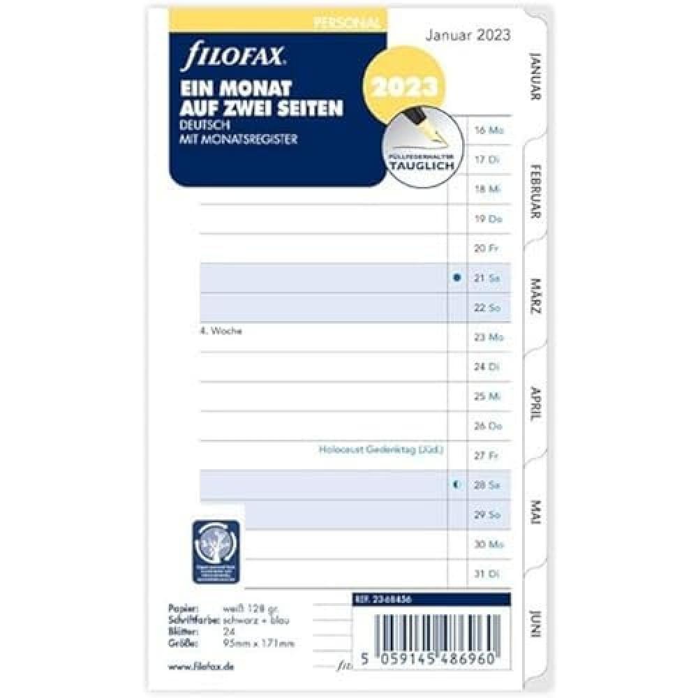 Filofax Personal 1Mo./2S. Tabbed (tedesco) 2023, bianco, 23-68456 - NUOVO