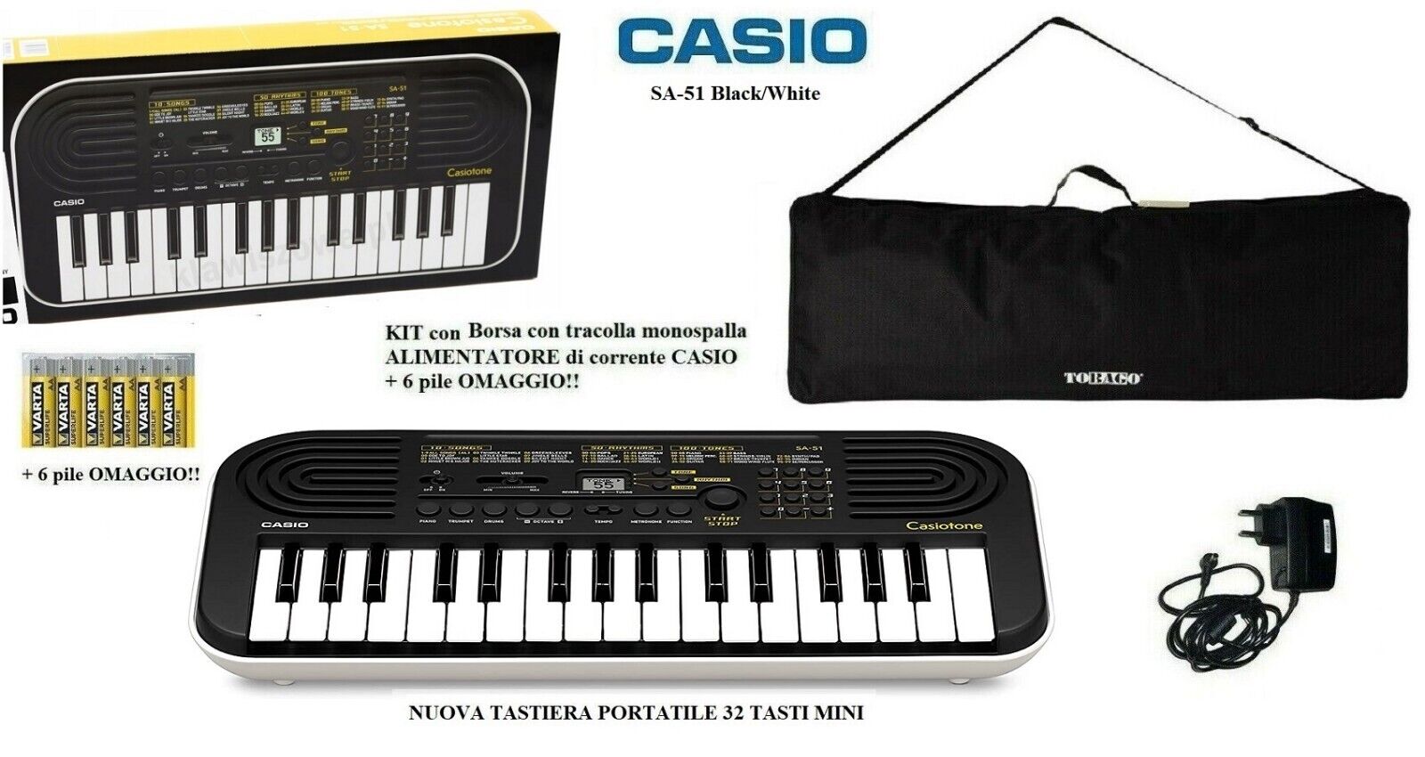 Casio SA51 ex SA47 BK NUOVA TASTIERA SCOLASTICA 32 Tasti + BORSA e ALIMENTATORE