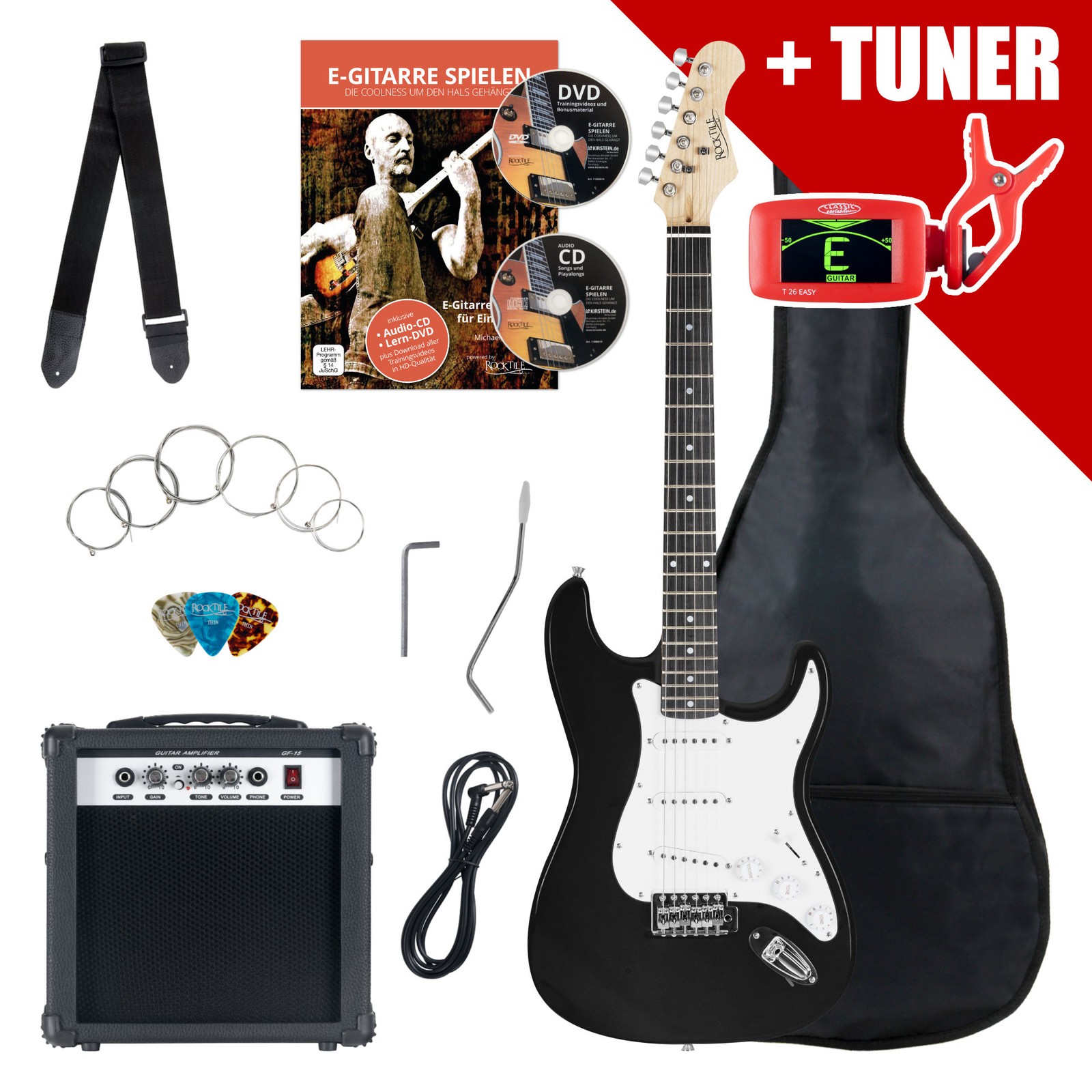 Set Chittara Elettrica ST-Style Single Coil Amplificatore Tuner Corde Borsa Nero
