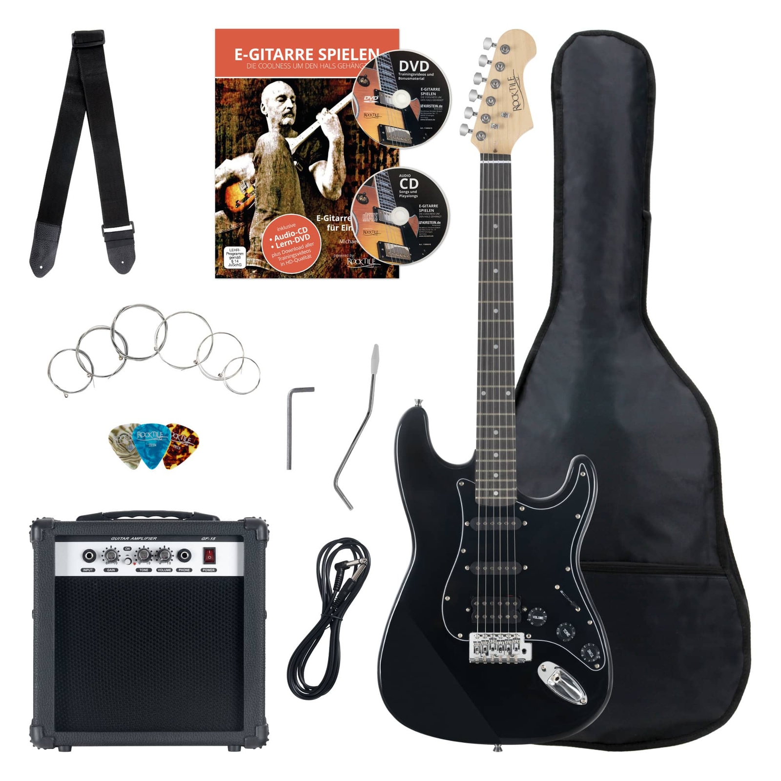 Set Chittara Elettrica ST-Style Humbucker Amplificatore Tuner Corde Borsa Nero