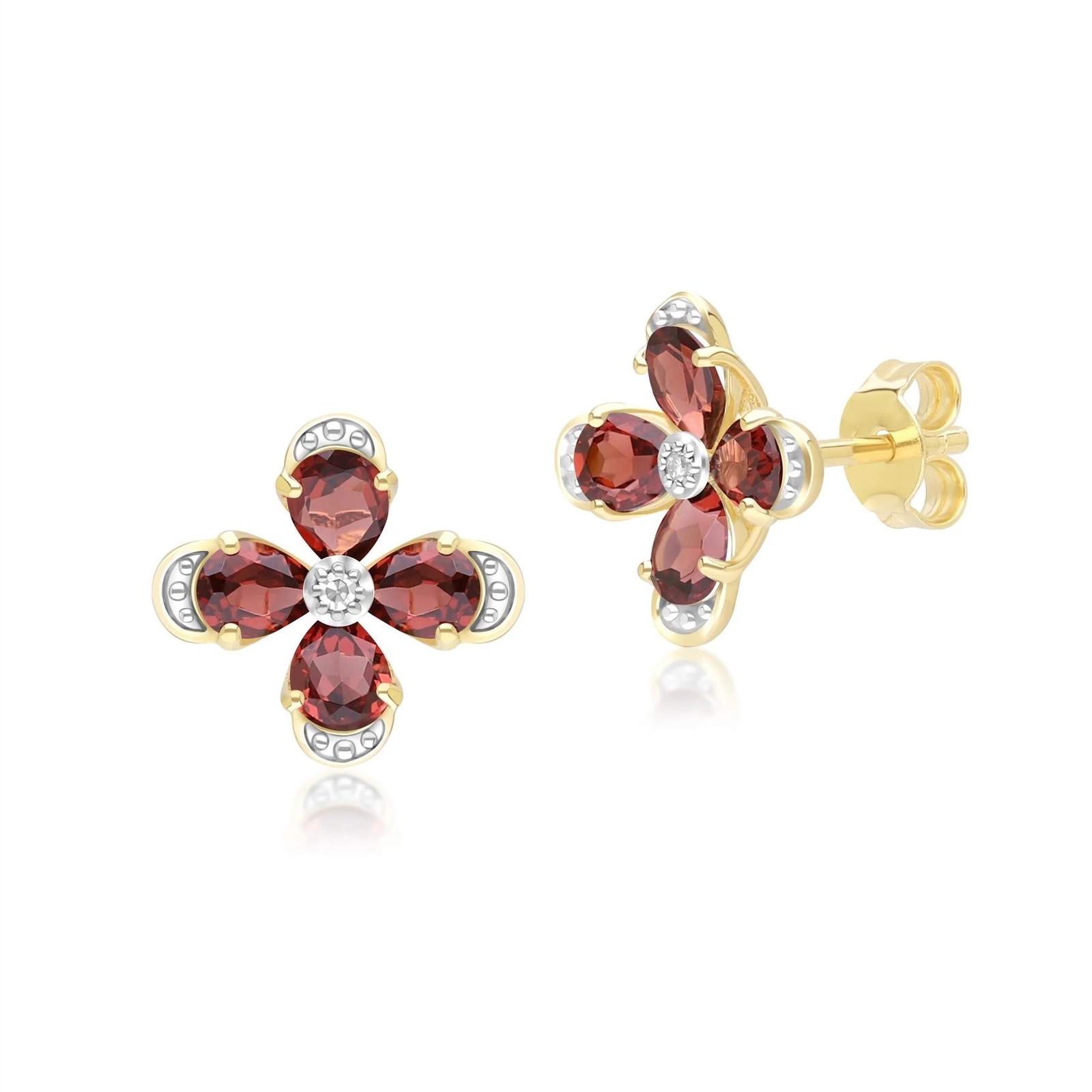 Floreale Granato E Diamante a Bottone Orecchini IN 9ct Oro Giallo
