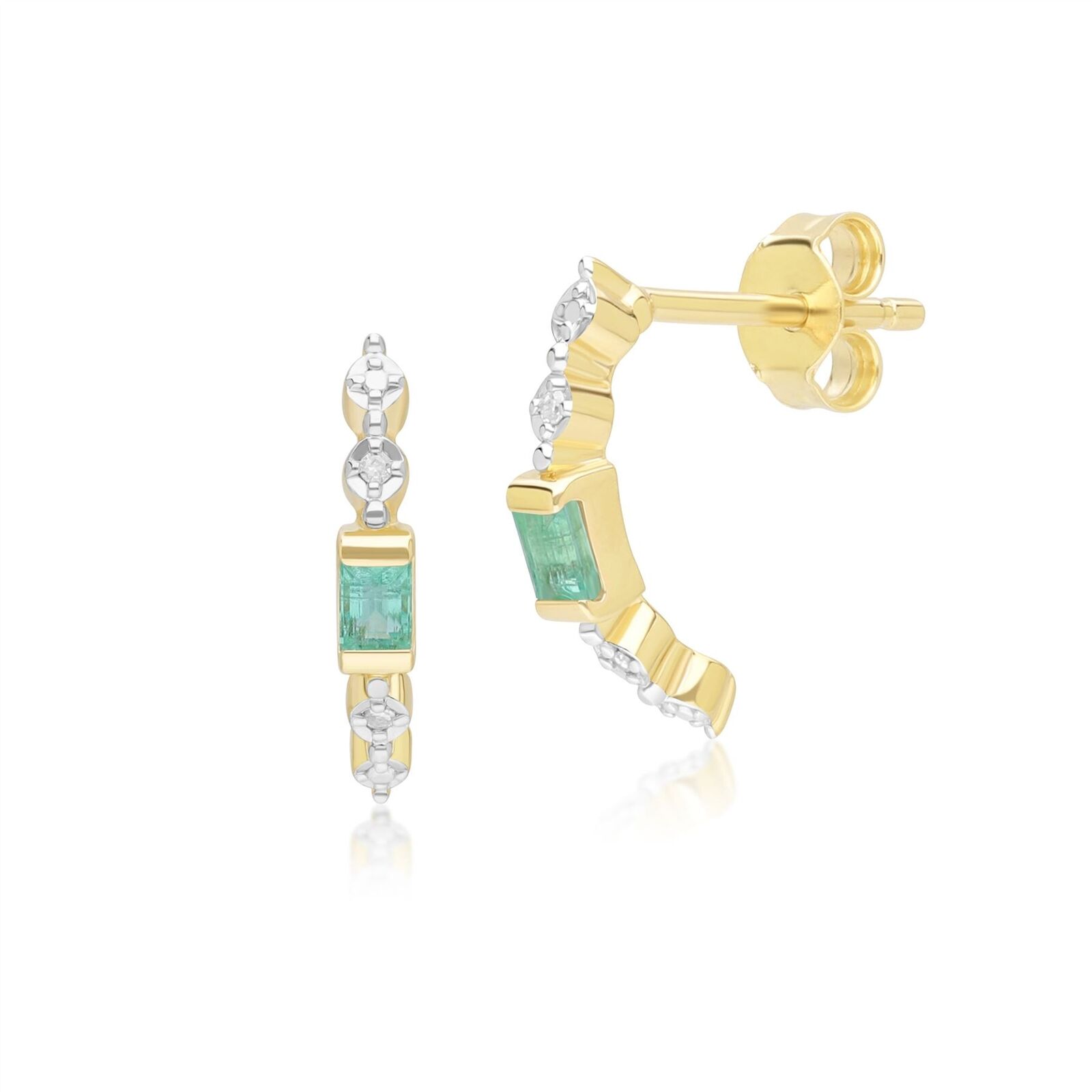 Baguette Smeraldo e Diamante Mezza Eternity Cerchio Orecchini IN 9ct Oro Giallo