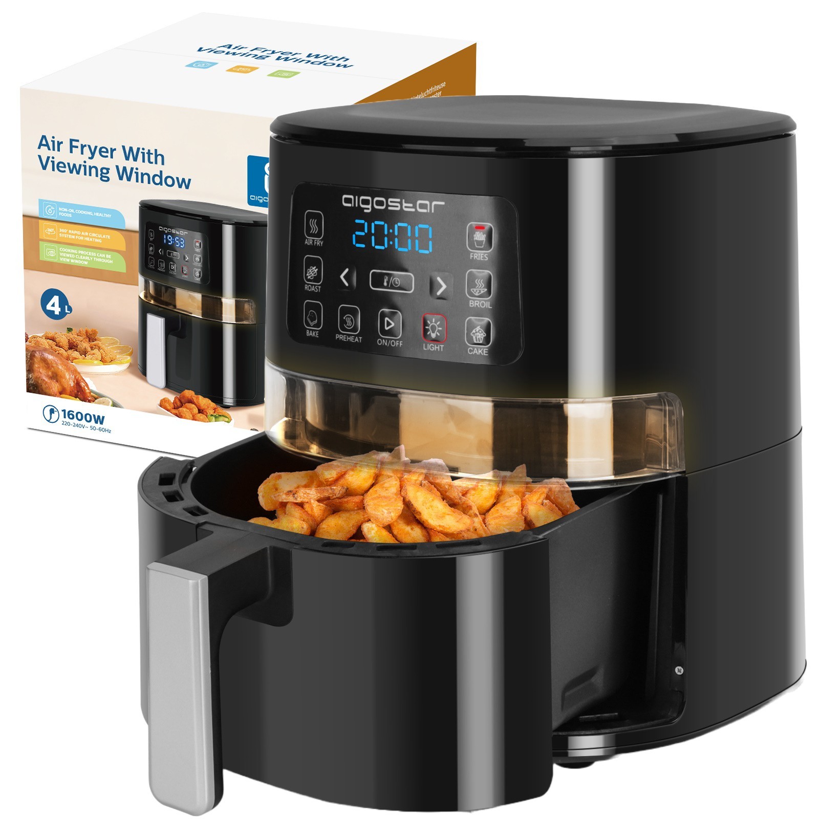 FRIGGITRICE AD ARIA 4 LITRI CON CESTELLO VISIBILE ILLUMINATO 7 FUNZIONI AIGOSTAR