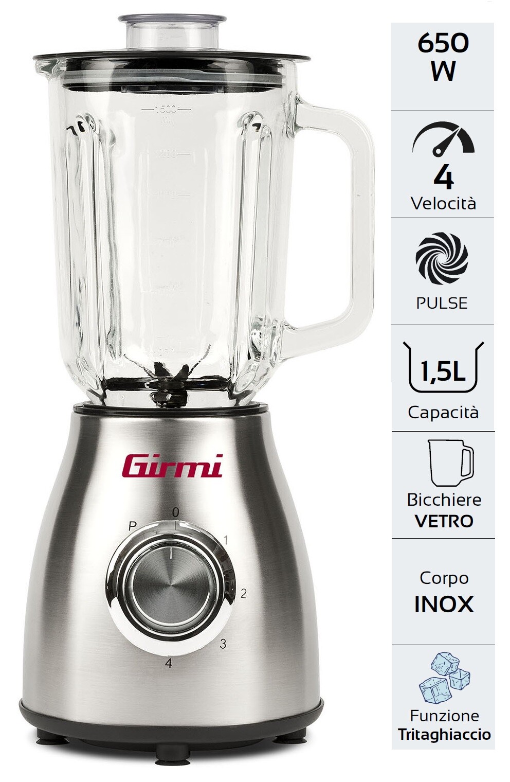 FRULLATORE INOX 650 W 1,5 LT VETRO TRITAGHIACCIO GIRMI FR9200