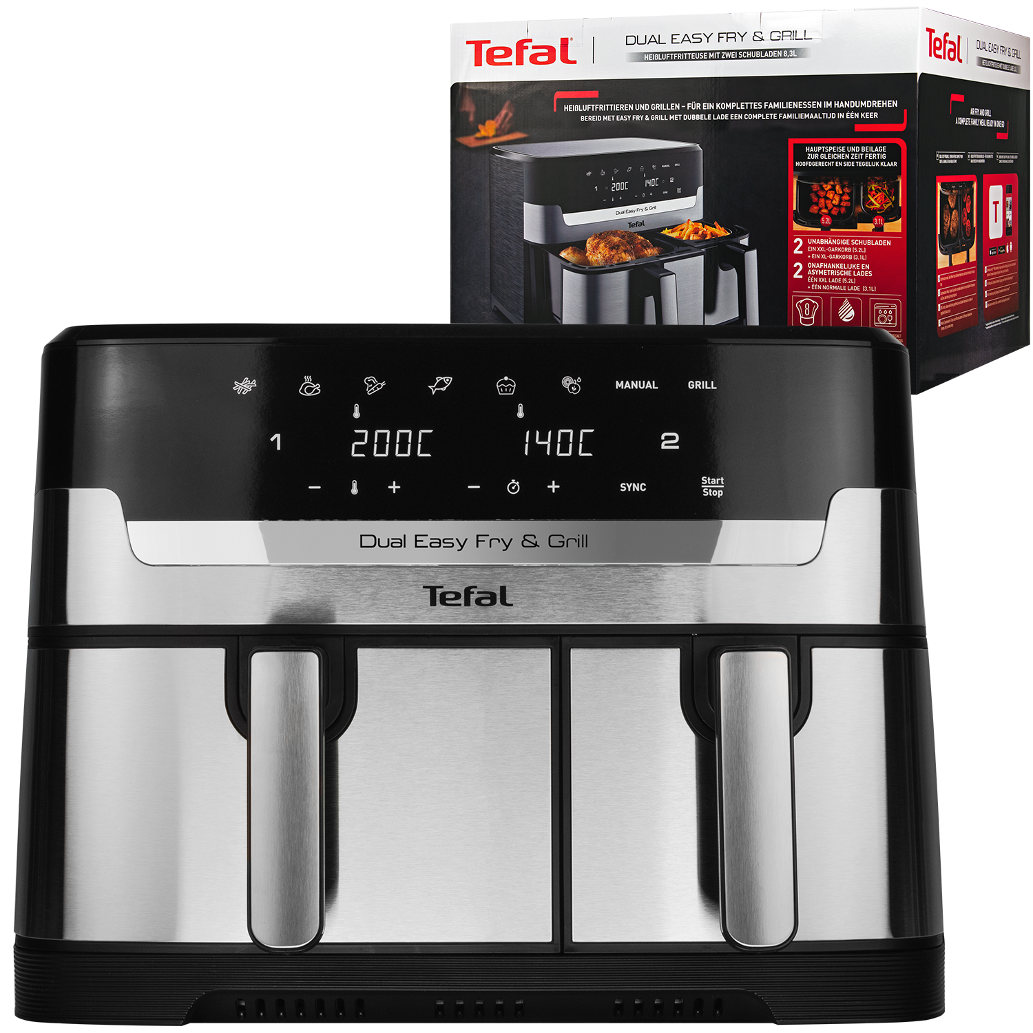 NUOVA friggitrice ad aria calda Tefal Dual Easy Fry Grill EY905D10 8.3L 2700W...