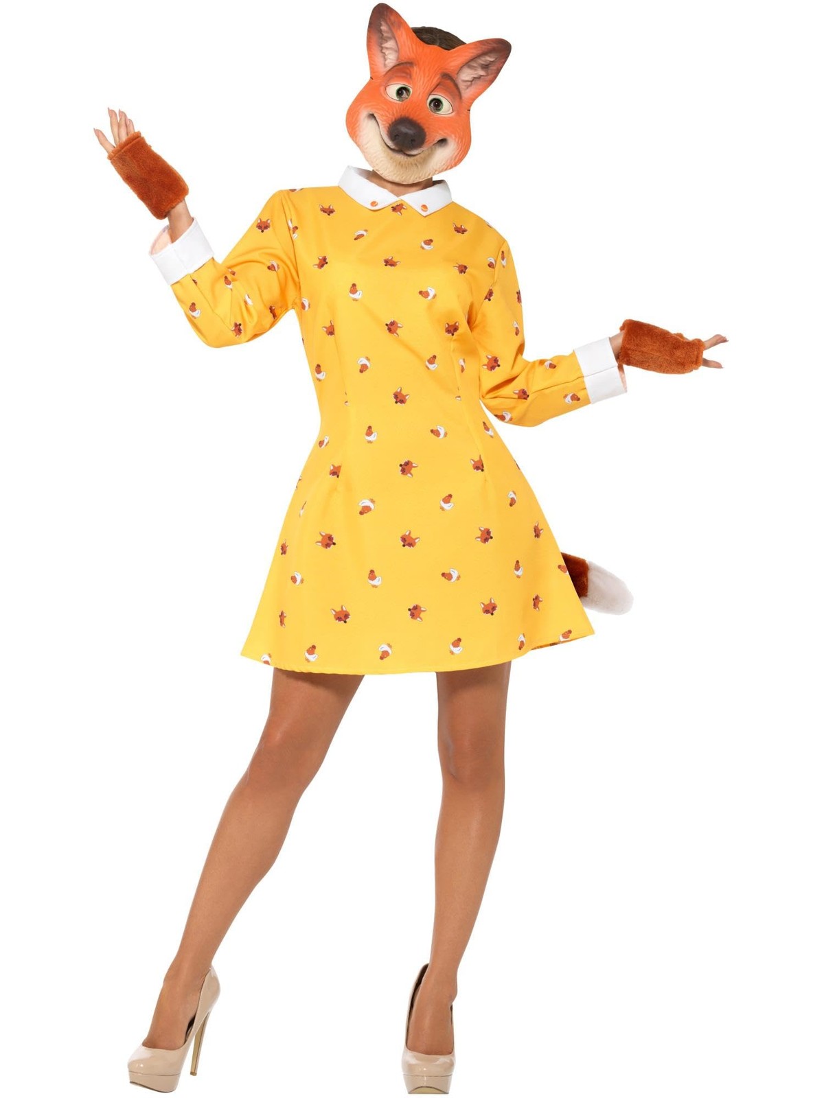 Smiffys Lady Fox Costume, Yellow with Dress, Attached Tail, Gloves & EVA Mask, F
