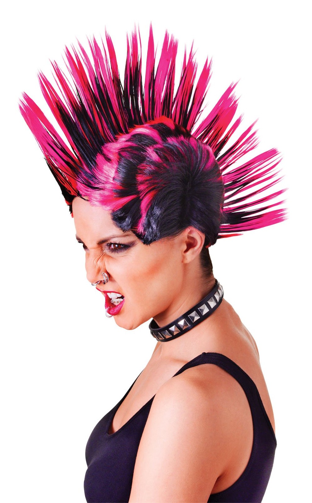 Parrucca mohicana femminile rosa e nera, 1 pezzo. - Design accattivante, perfett