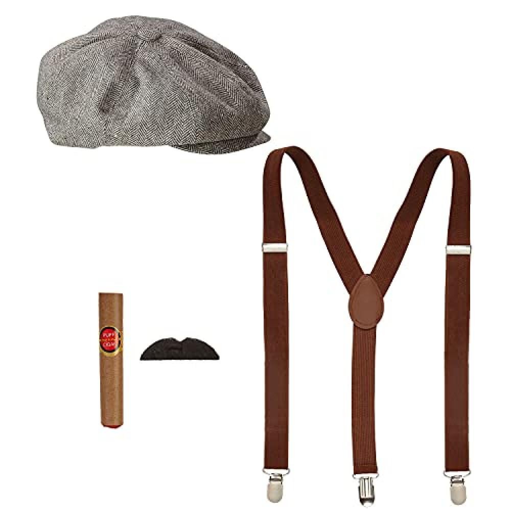 (TG. Taglia unica) "THE ROARING 20s FASHION" (cap, braces, moustache, cigar) - -