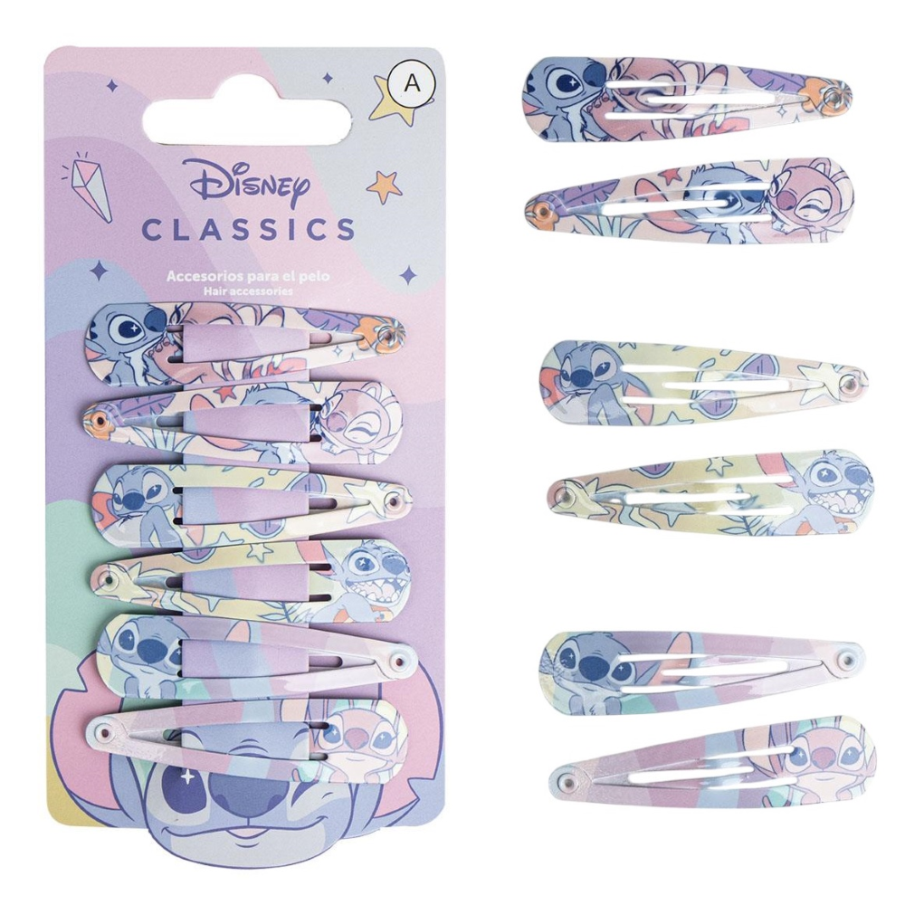 SET MOLLETTE STITCH ANGEL DISNEY MODELLO CLIC CLAC 6 PEZZI ACCESSORI CAPELLI