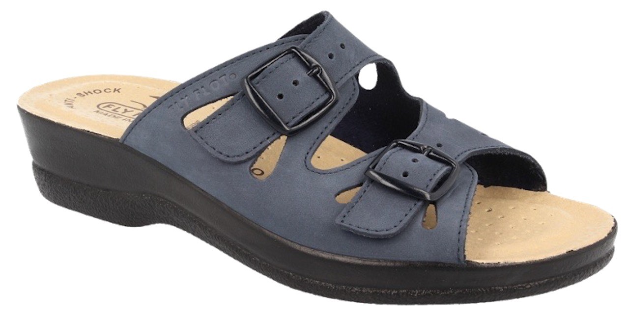 FLY FLOT 63008NE BLU CIABATTE DONNA DOPPIA FIBBIA TOMAIA PELLE SOTTOPIEDE VERA P