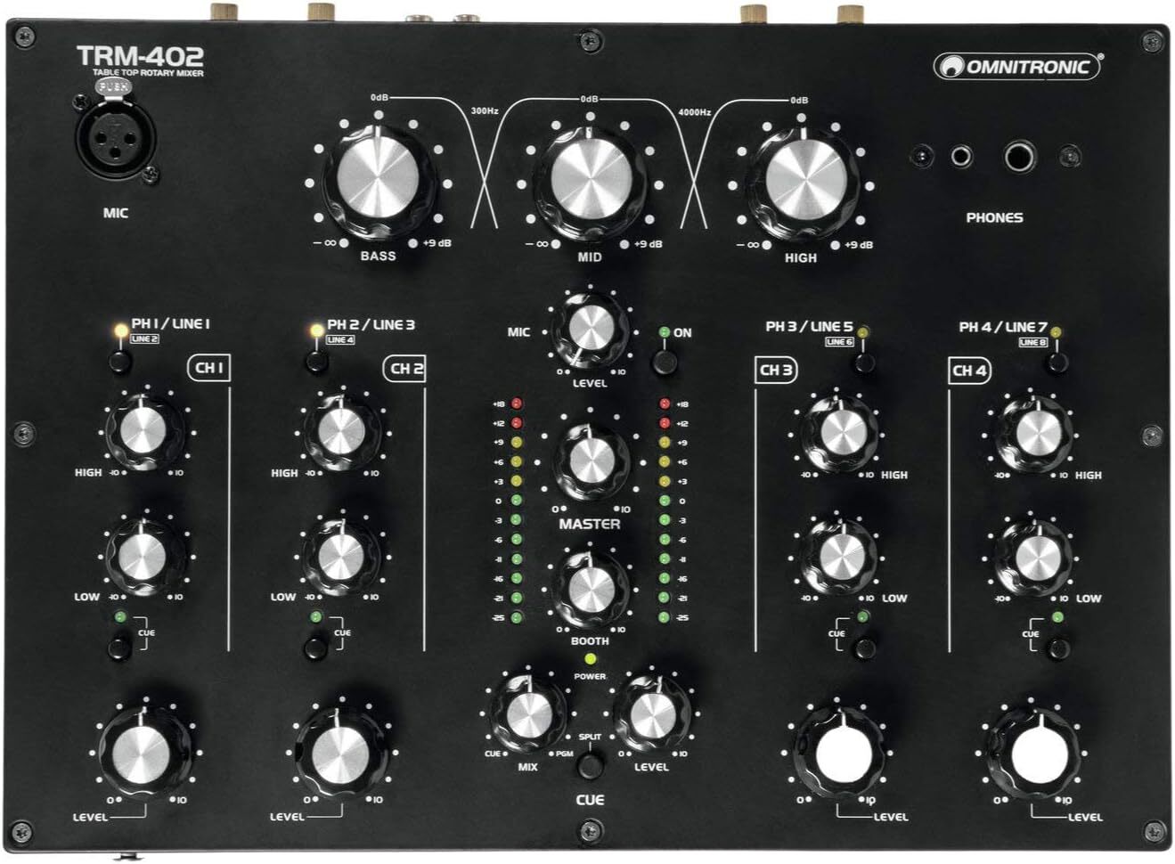 Omnitronic TRM-402 Mixer Dj rotativo 4C con isolatore di frequenza a 3 bande