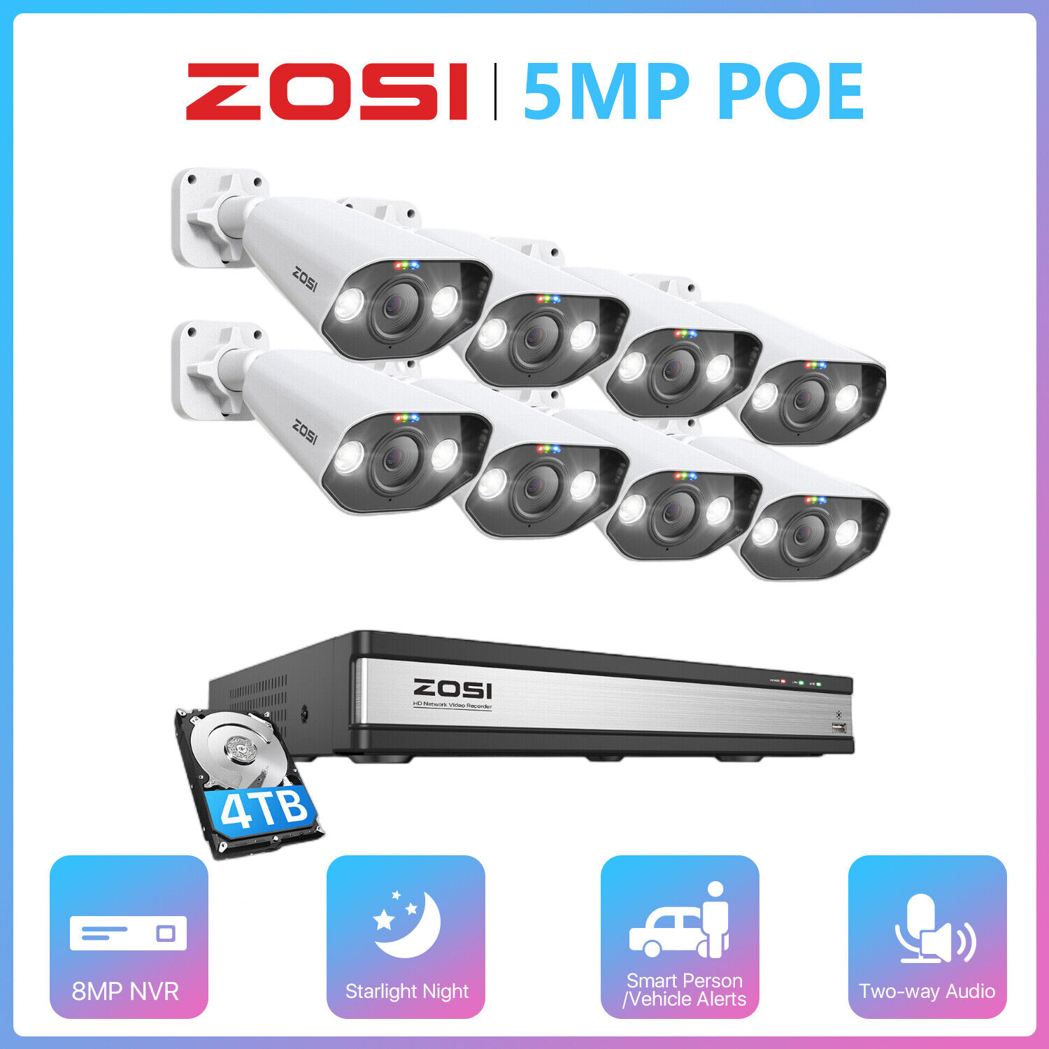 ZOSI 5MP Kit Videosorveglianza PoE AUDIO 16CH 4K 4TB NVR con 8X 5MP Telecamera