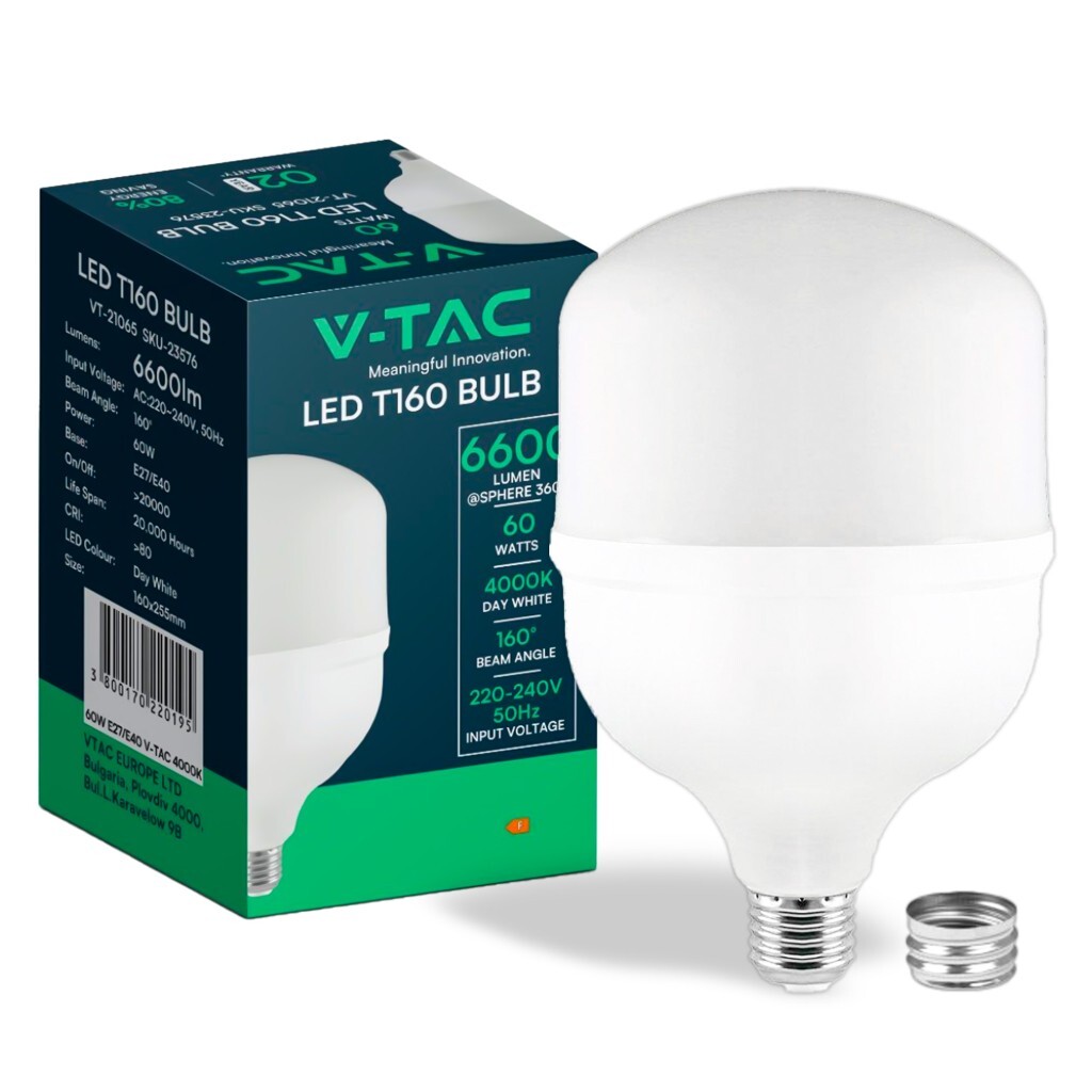 V-TAC Lampadina LED E27, incluso Anello con Attacco E40 60W T160 4000K