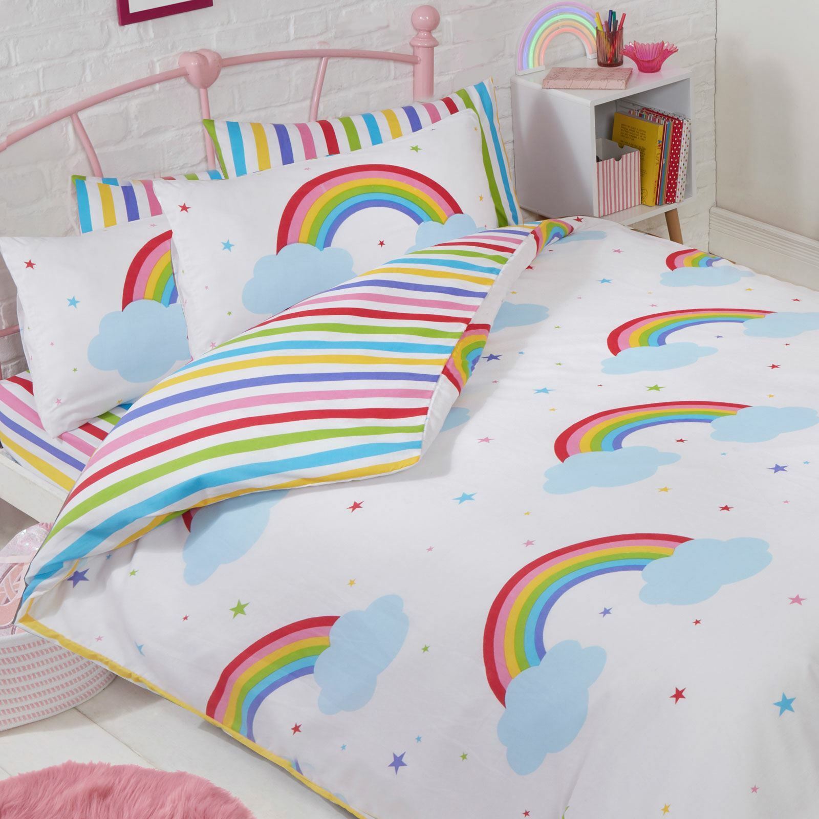 Set Copripiumino Doppio Arcobaleno Strisce Reversibile Per Ragazzi E Ragazze