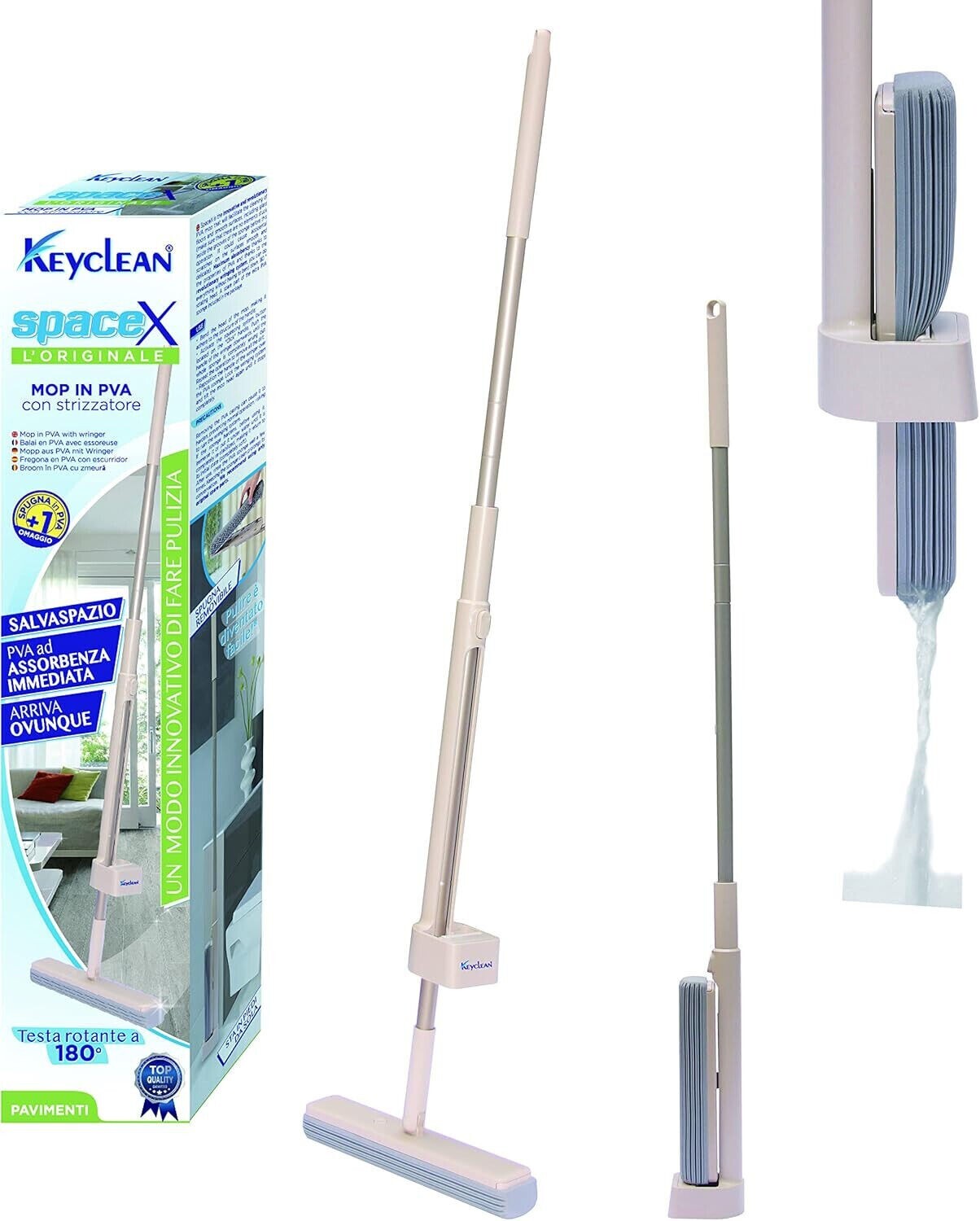 KEYCLEAN MOP PVA LAVAPAVIMENTI MANICO TELESCOPICO SCOPA PVA STRIZZATORE SPACEX