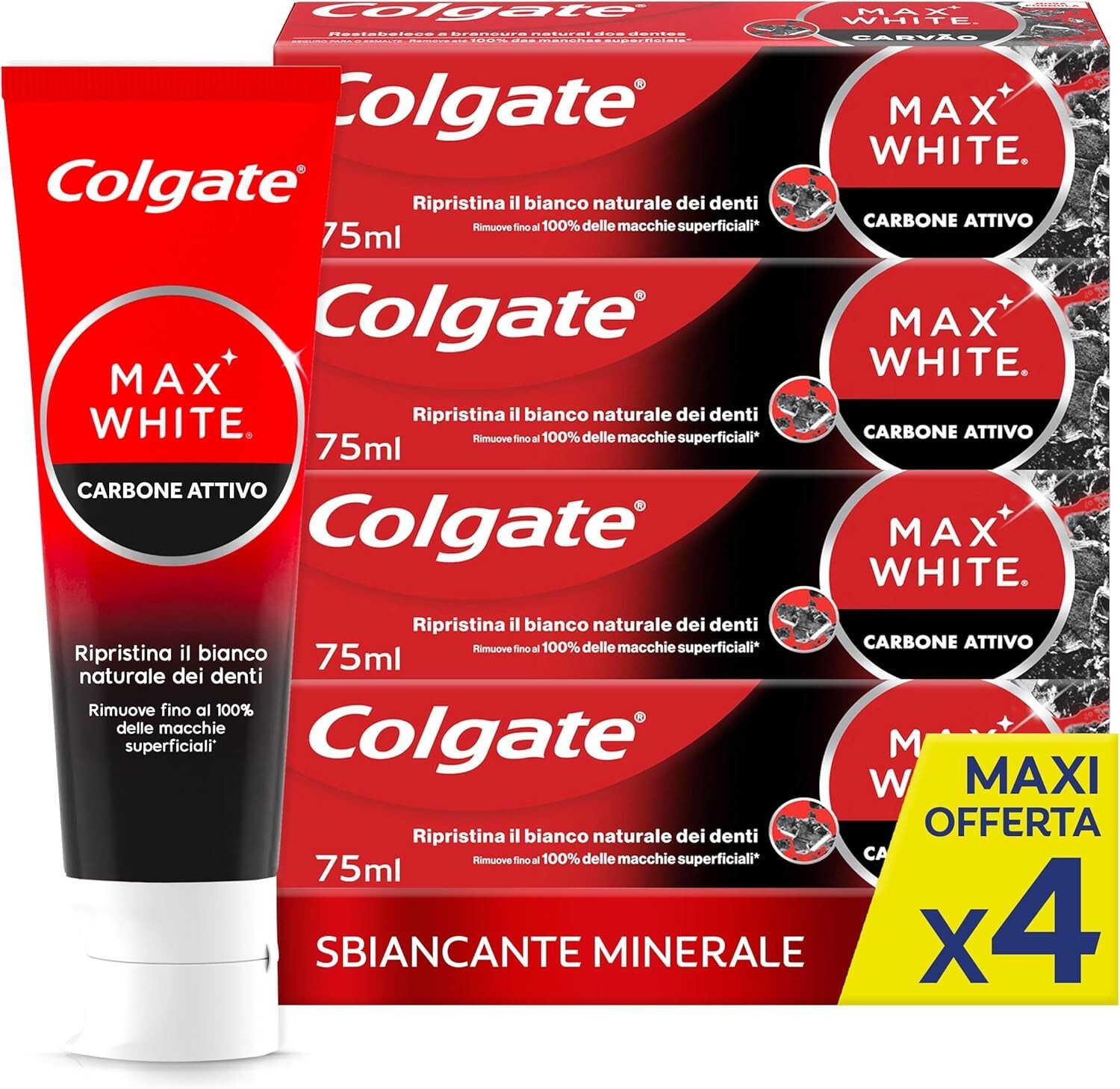 4x Dentifricio Sbiancante Colgate Max White Carbon 75ml con Carbone Attivo
