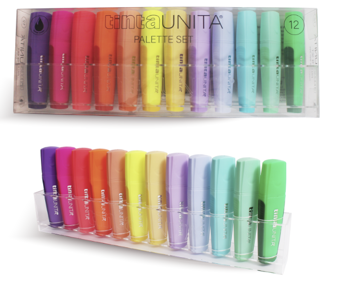 Tinta Unita Set Evidenziatori 12 Colori con base in plexiglass