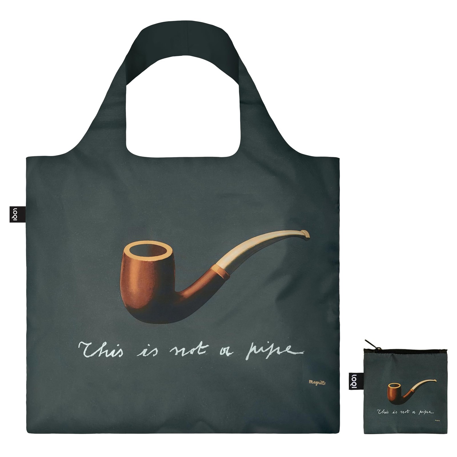 LOQI RENE MAGRITTE The Treachery of Images Recycled Bag, Black, Grey, Black, Gre