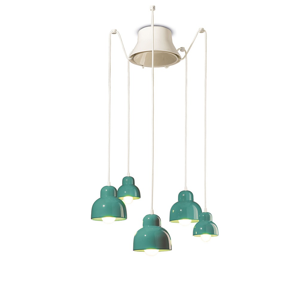 Lampadario Vintage Decò Berimbau Ceramica Turchese 3 Luci E27