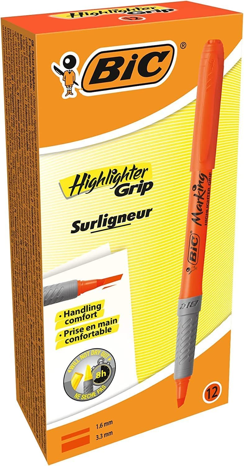 Bic Highlighter Grip Pens - Orange, Box of 12 Orange Box x 12