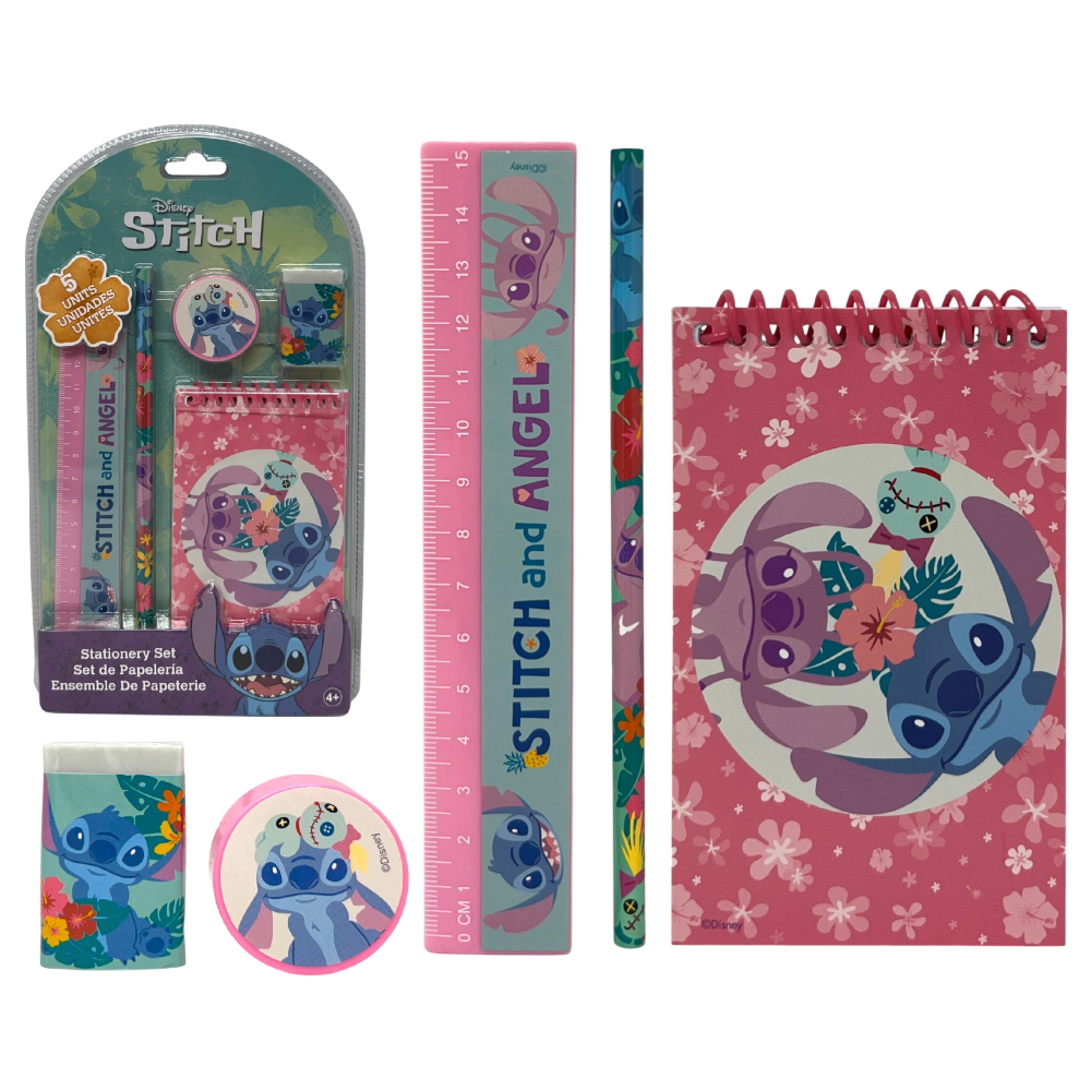 SET CANCELLERIA STITCH ANGEL DISNEY 5 PZ AGENDA TEMPERINO GOMMA MATITA RIGHELLO