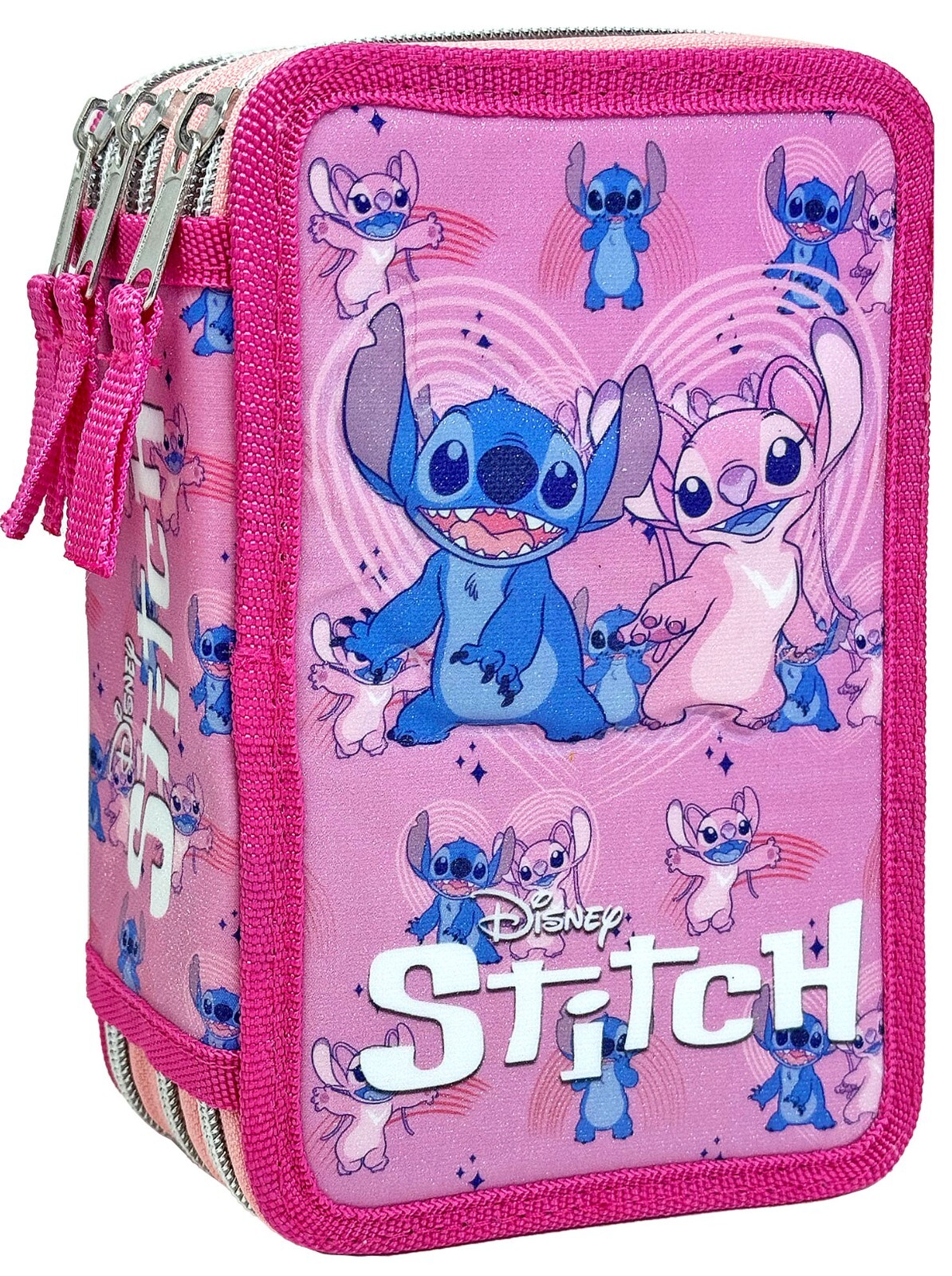 Disney Stitch e Angel Astuccio 3D triplo riempito, 44 pezzi, 3 Zip, Scuola, Rosa