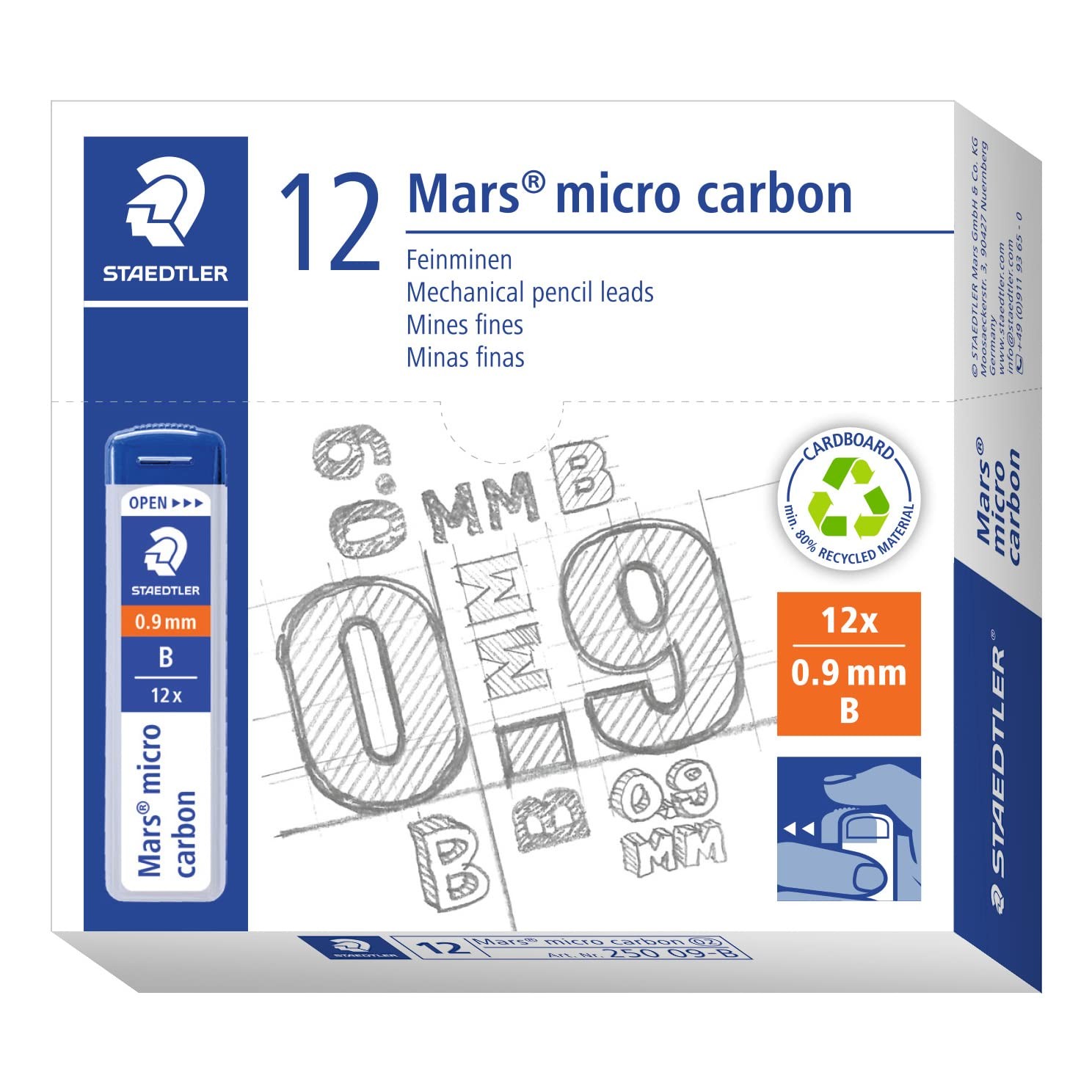 STAEDTLER 250 09-B Mars Micro Refill Leads for Mechanical Pencils - B, 0.9mm (Bo