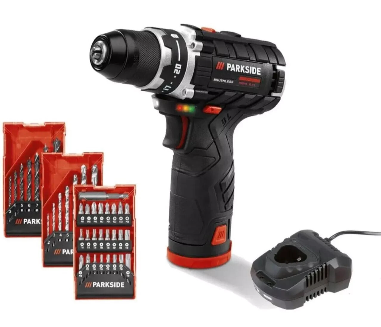 SET  TRAPANO AVVITATORE A BATTERIA 12V PARKSIDE CON 2 BATTERIE E CARICABA. NUOVO