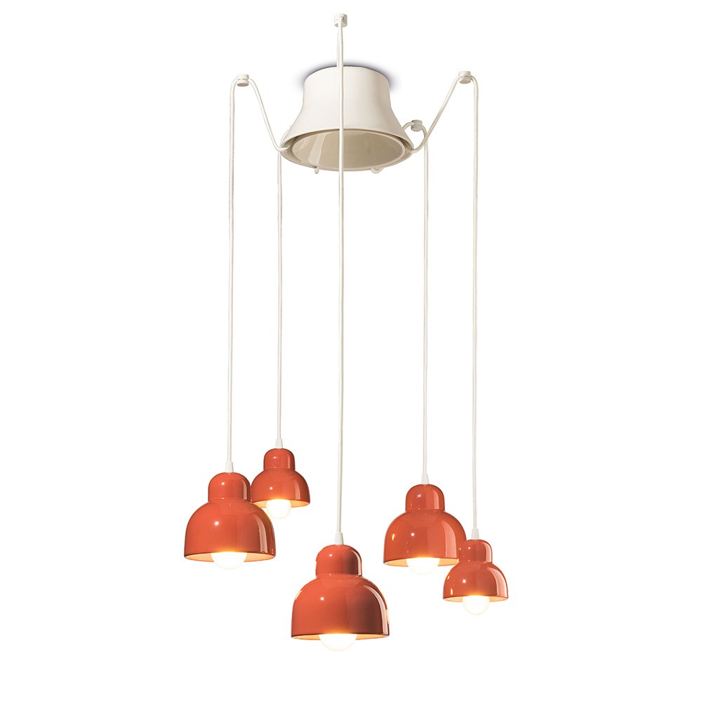 Lampadario Vintage Decò Berimbau Ceramica Arancio Pokè 3 Luci E27