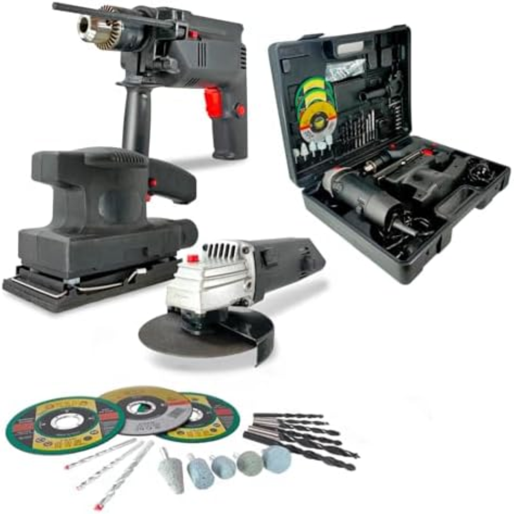 Set Completo Elettroutensili - Trapano Avvitatore 500W, Smerigliatrice 500W, Lev