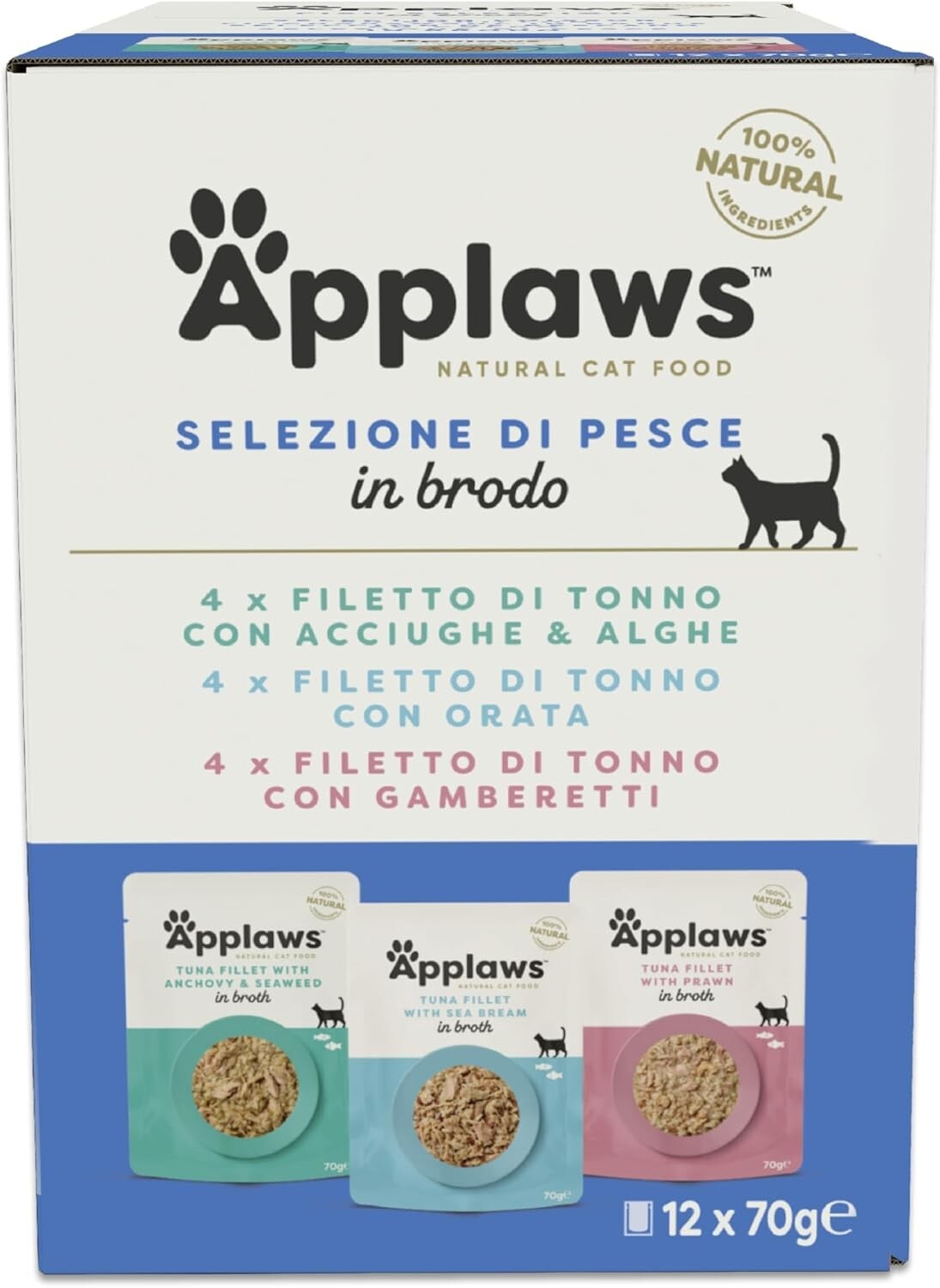 100% Natural Wet Cat Food - Fish Assortment in Broth for Adult Cats, 12 x 70g
