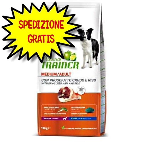 TRAINER NATURAL CANE CROCCHETTA MEDIUM ADULT PROSCIUTTO E RISO 12 KG OF