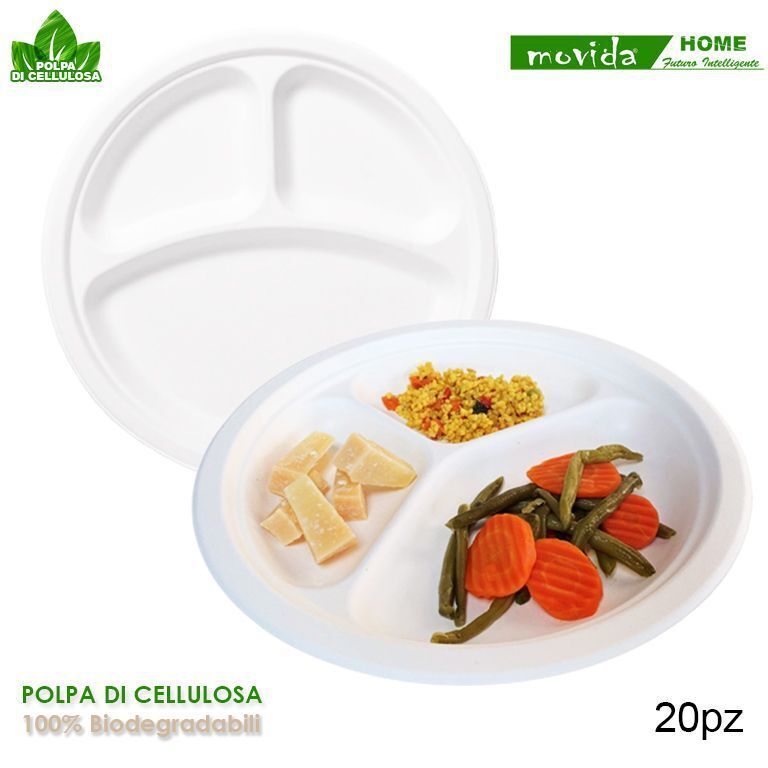 Set Servizio 20 Piatti Biodegradabili Polpa Di Cellulosa 23cm 3 Scomparti dfh