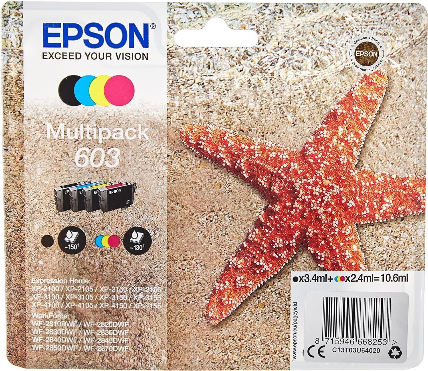 Cartuccia Epson 603 multipack stella marina 4 colori inchiostro originale nuovo