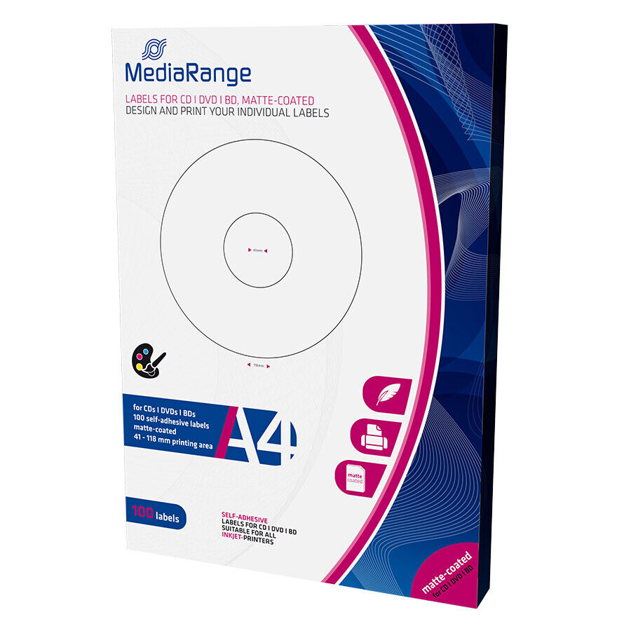 100 Etichette MediaRange STAMPABILI per CD DVD BD 41-118mm Matt OPACHE MRINK1...
