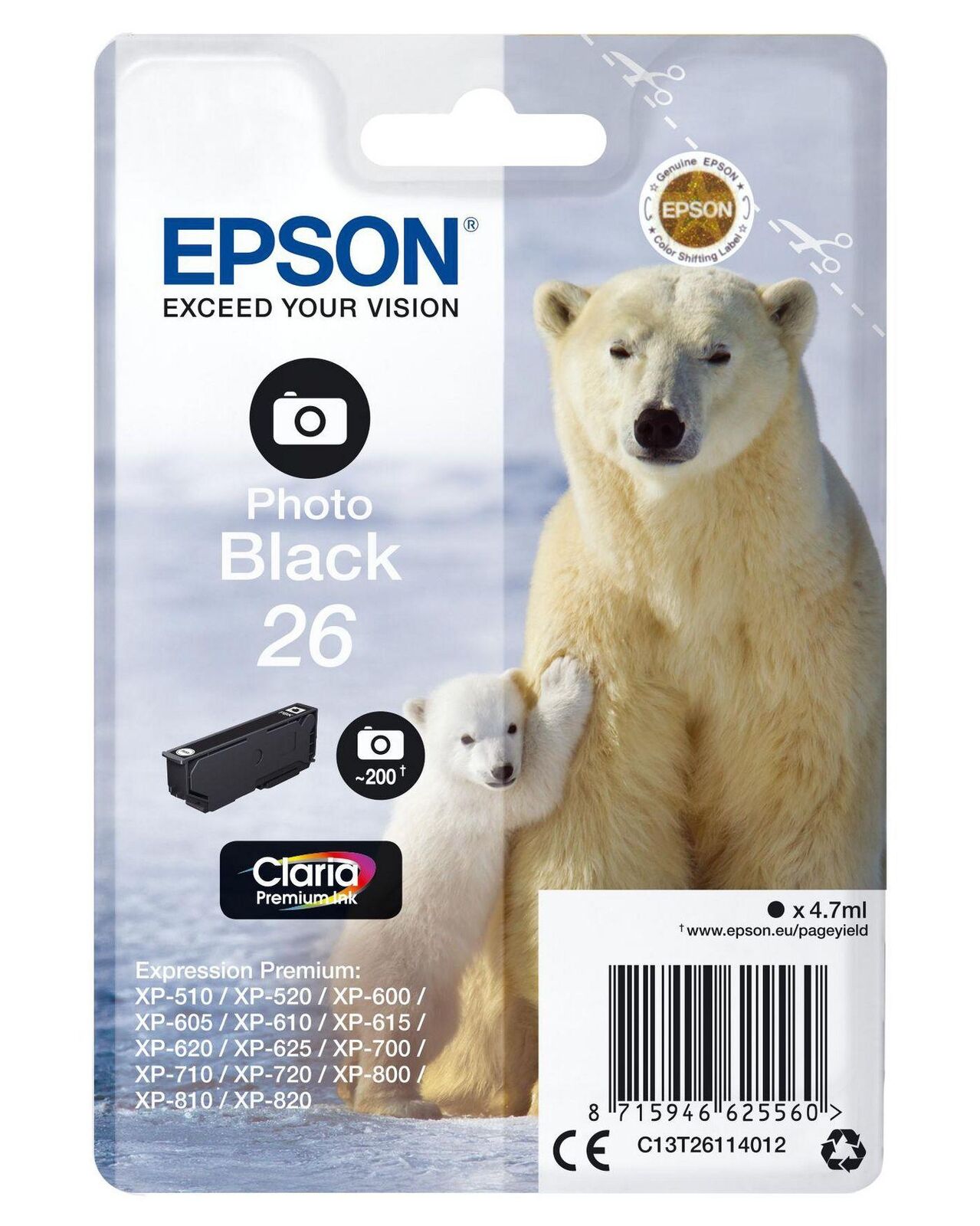 EPSON 26 CARTOUCHE ENCRE PHOTO NOIR CAPACIT STANDARD 4.7ML 200 PHOTOS 1-PACK RF-