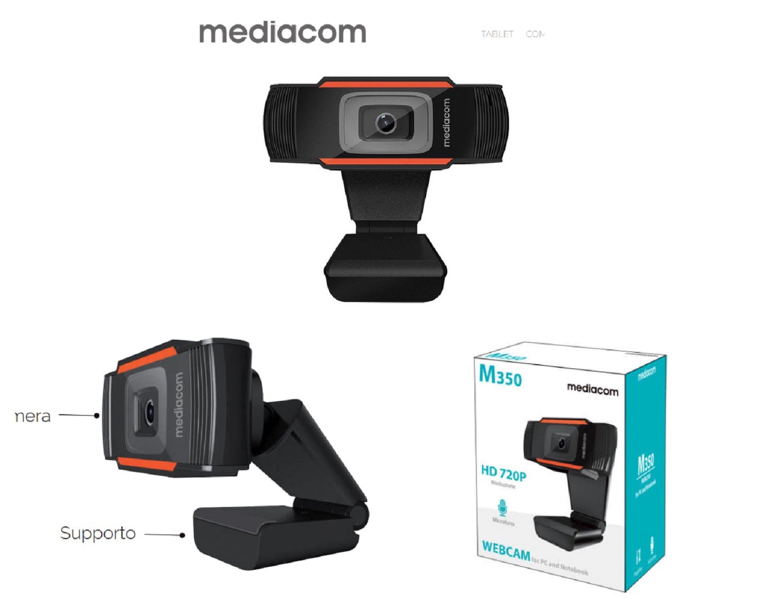 MEDIACOM WEBCAM CON MICROFONO A PINZA PER PC USB 1280x720 DP PER WIN/MAC OS NERO